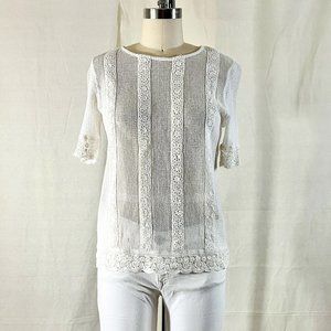 White Knit Lace Trim Top S